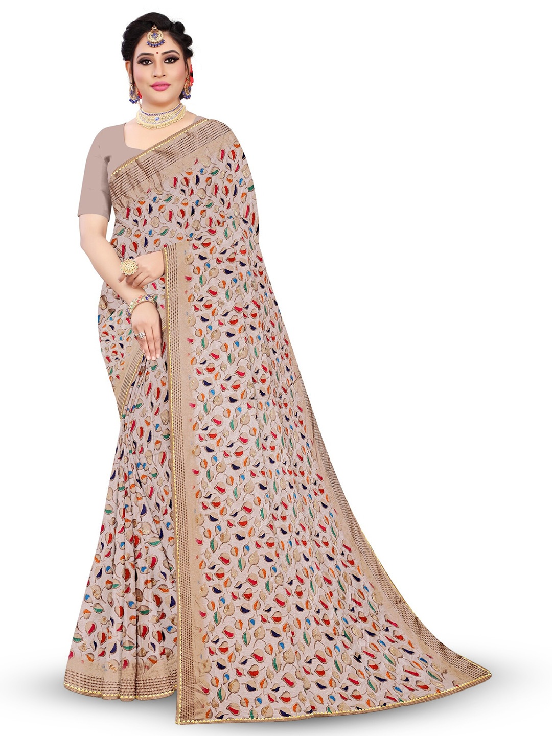 

Reboot Fashions Floral Printed Embellished Maheshwari Saree, Beige