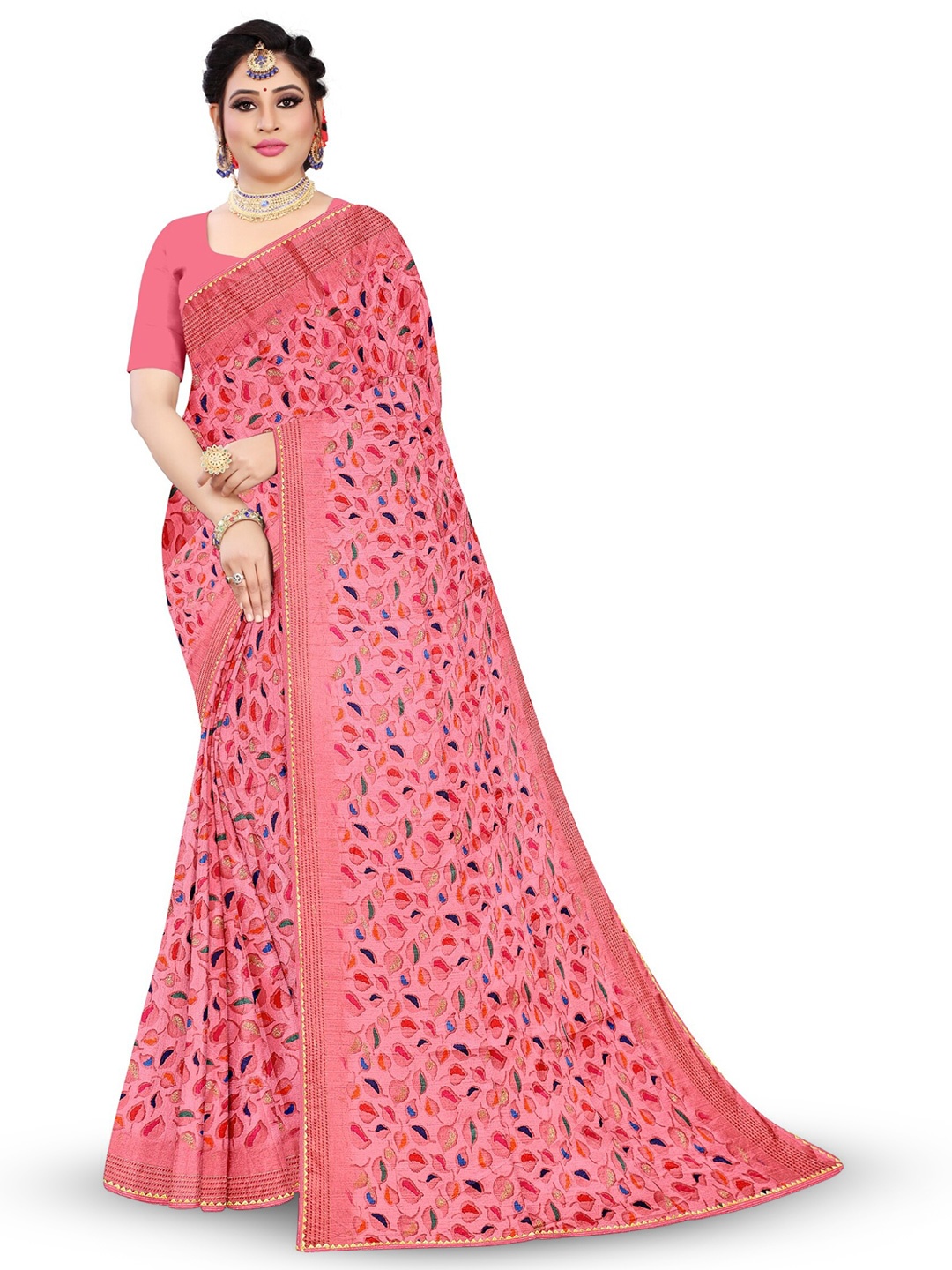 

Reboot Fashions Floral Printed Embellished Maheshwari Saree, Pink