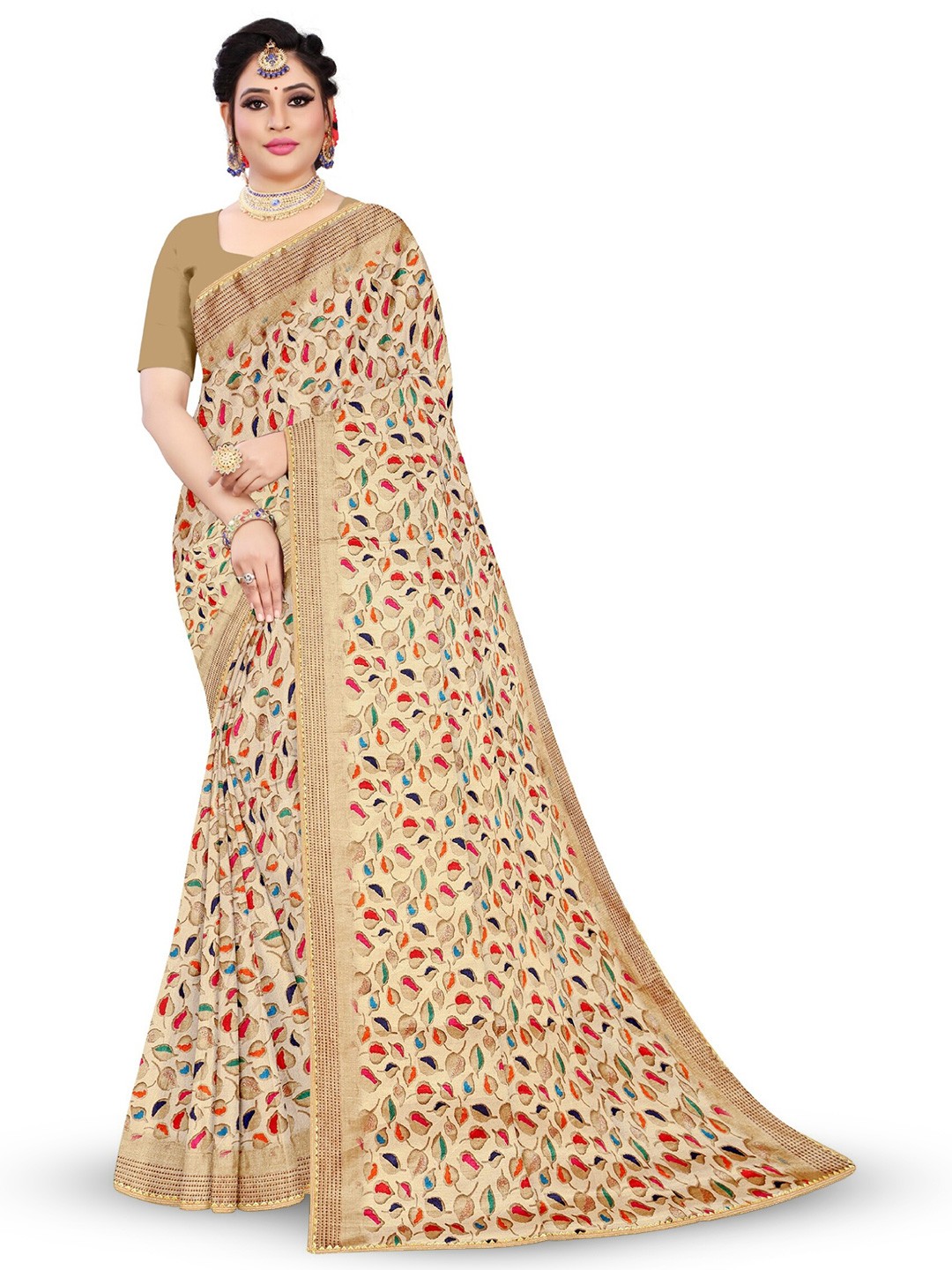 

Reboot Fashions Floral Printed Gotta Patti Embellished Maheshwari Saree, Cream