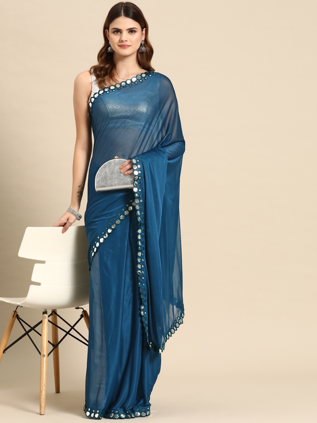 

HERE&NOW Mirror Work Saree, Navy blue