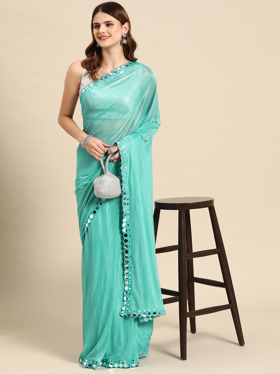 

HERE&NOW Mirror Work Saree, Turquoise blue