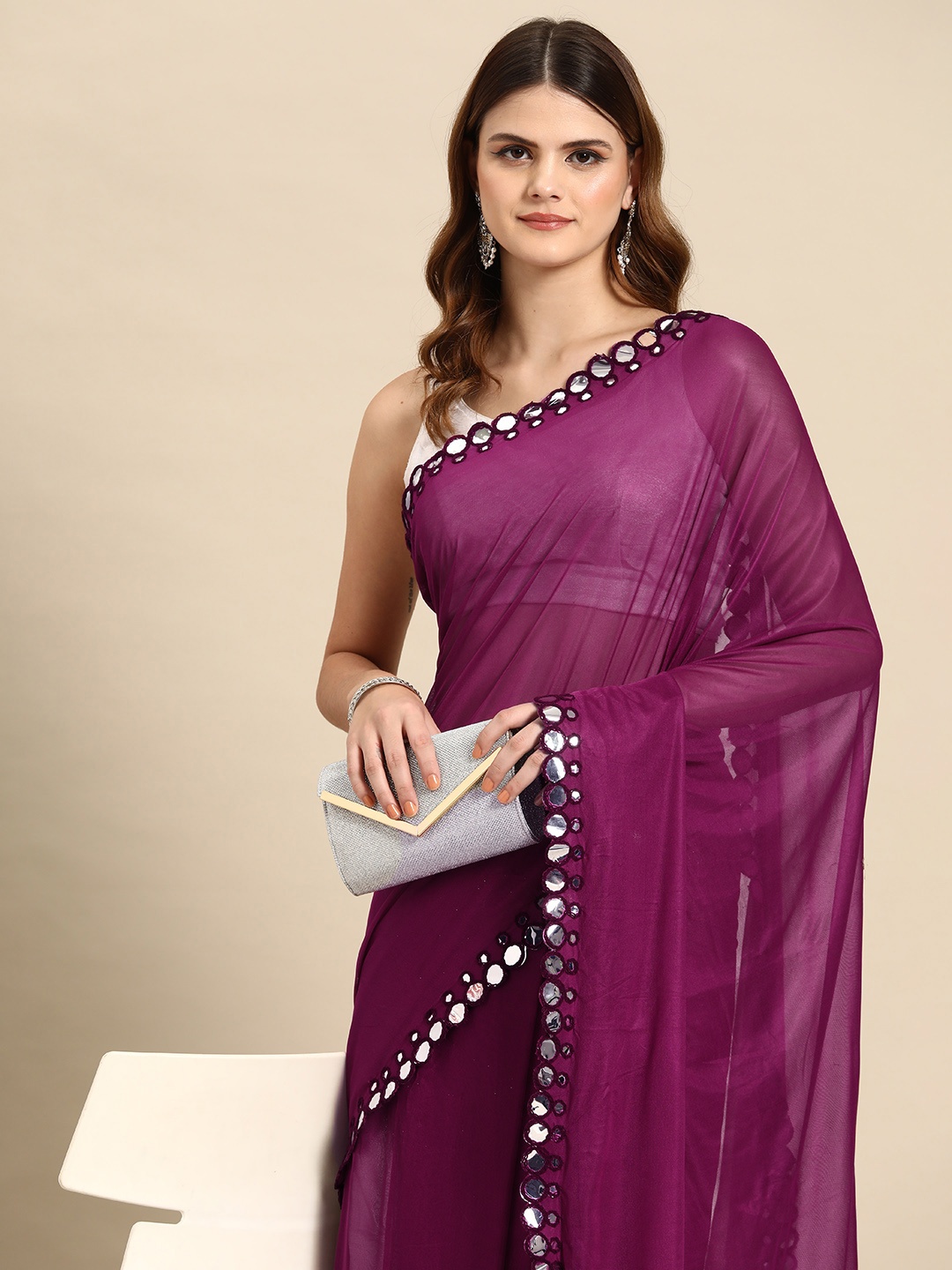 

HERE&NOW Magenta Mirror Work Saree