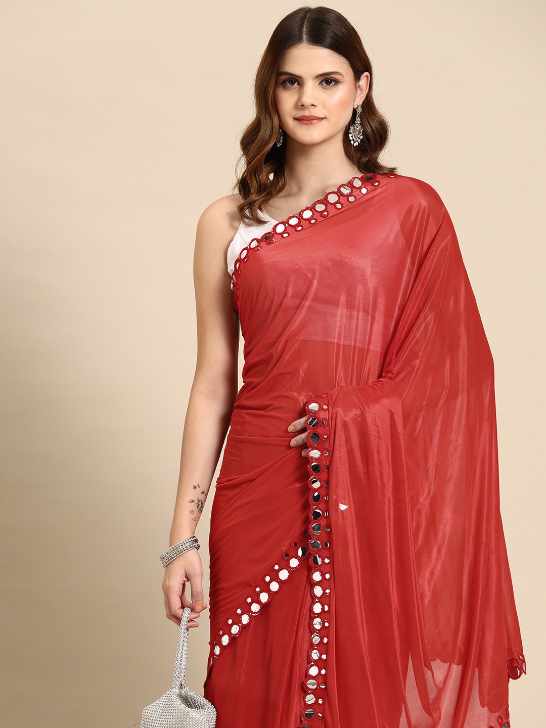

HERE&NOW Mirror Work Saree, Red