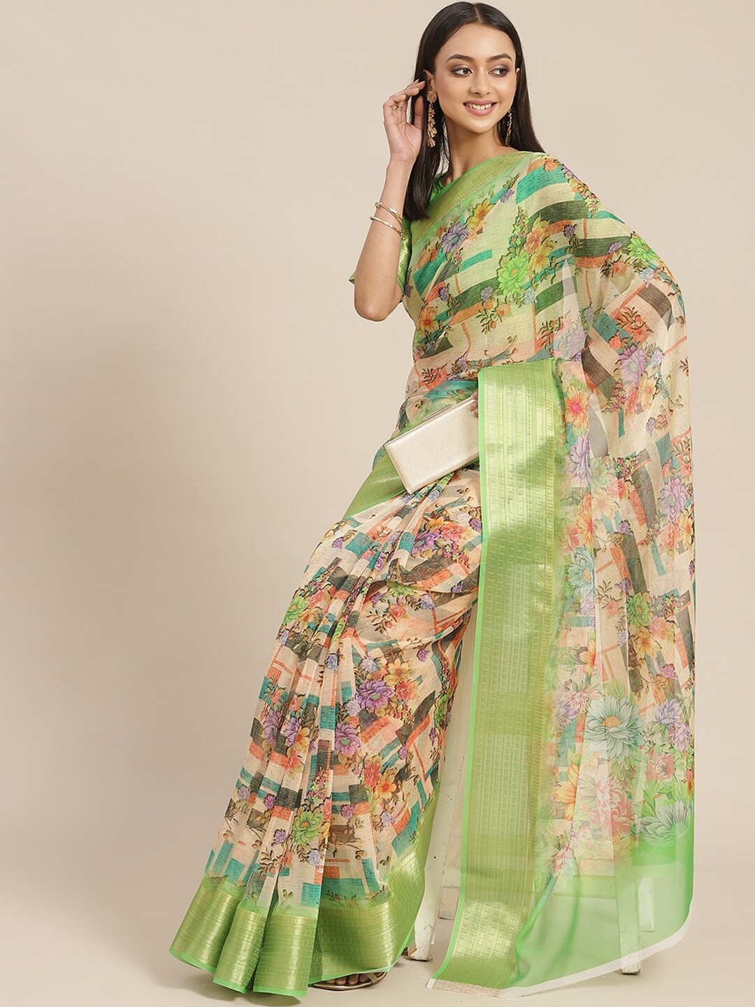 

Mitera Green & Gold-Toned Floral Digital Printed Zari Organza Saree