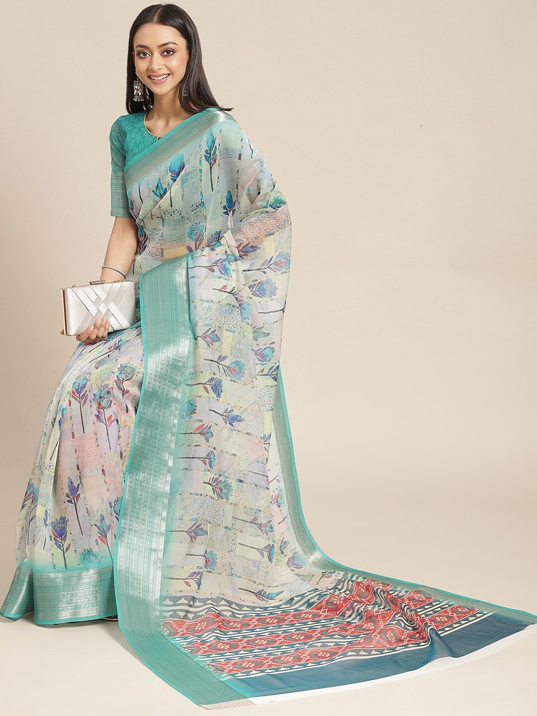 

Mitera Cream Floral Digital Printed Zari Organza Saree