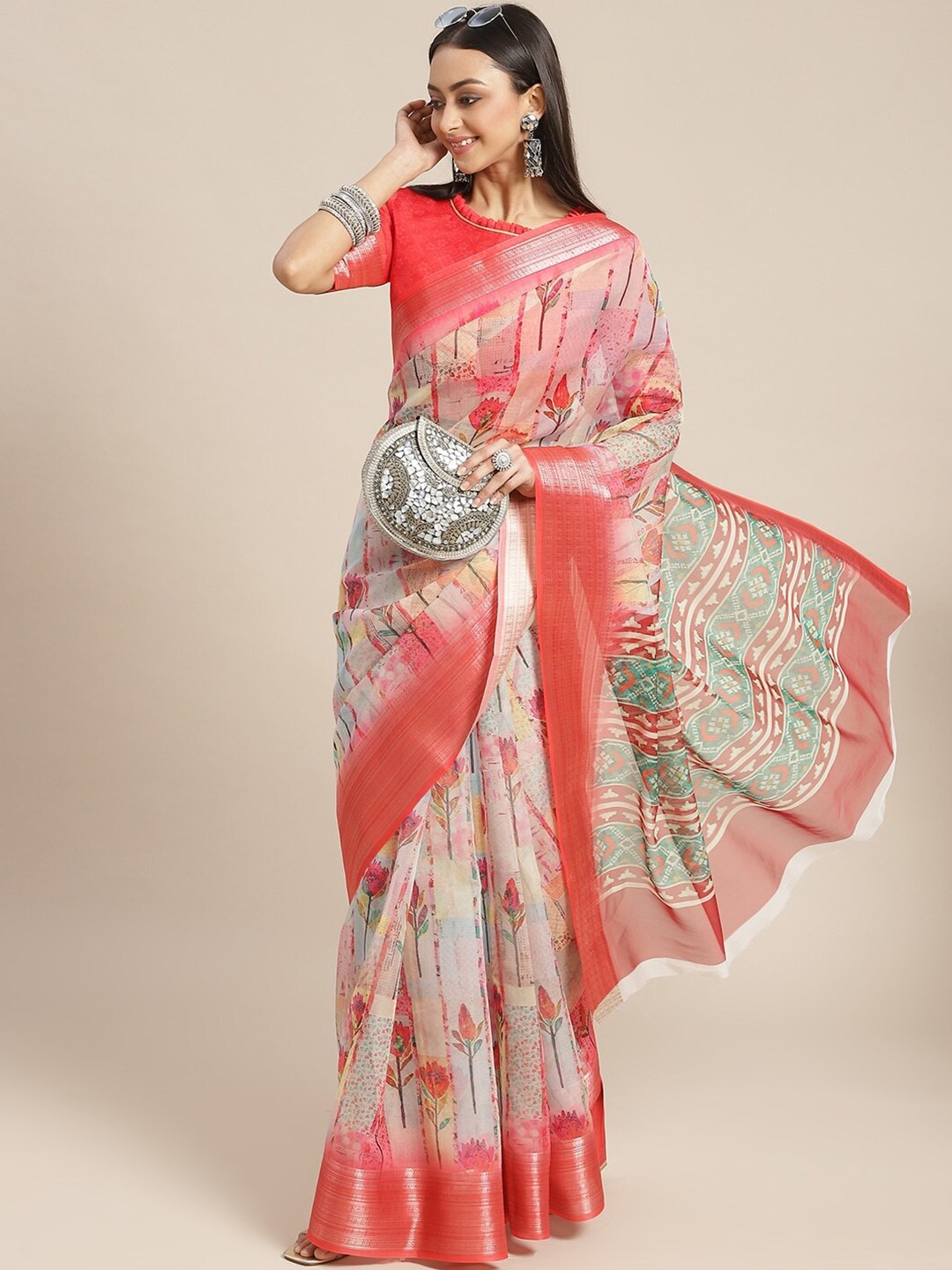 

Mitera Beige Floral Digital Printed Zari Organza Saree