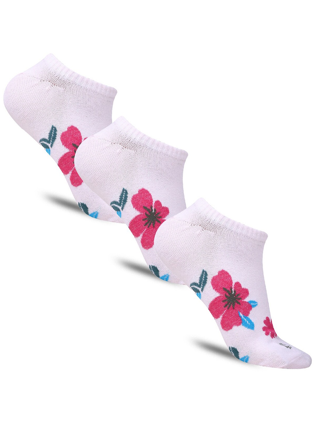 

Dollar Socks Women Pack Of 3 Floral Patterned Cotton Ankle-Length Socks, White