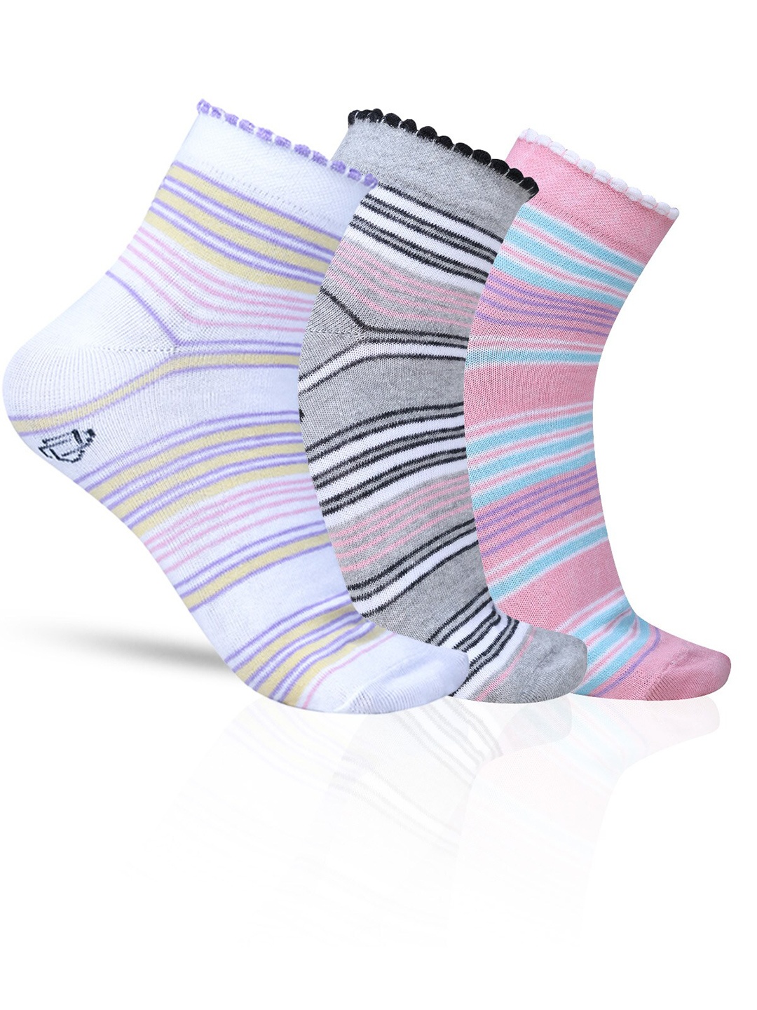 

Dollar Socks Women Pack Of 3 Striped Ankle-Length Cotton Socks, Pink