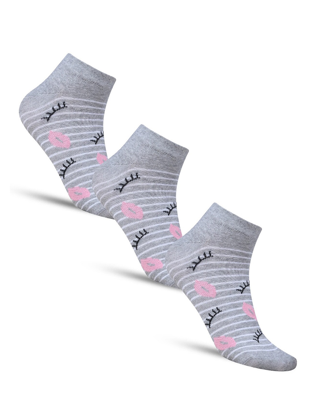 

Dollar Socks Pack of 3 Patterned Ankle-Length Cotton Socks, Grey