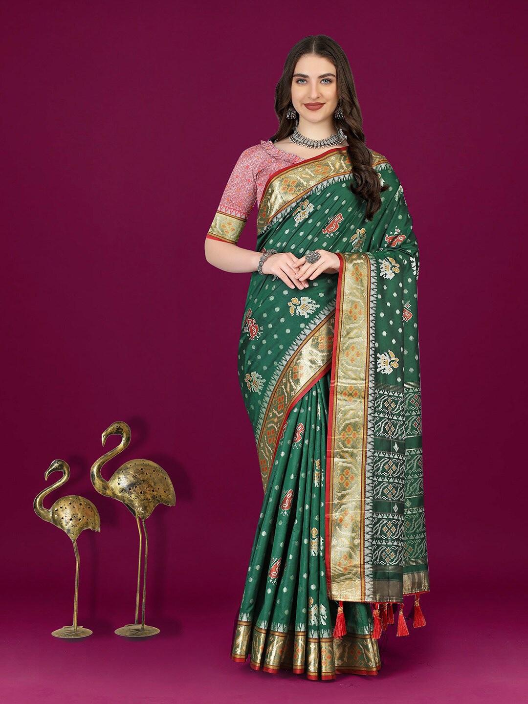 

KALINI Ethnic Motifs Printed Zari Patola Saree, Green