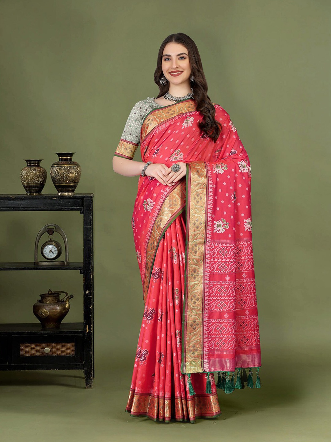 

KALINI Ethnic Motifs Printed Zari Patola Saree, Peach