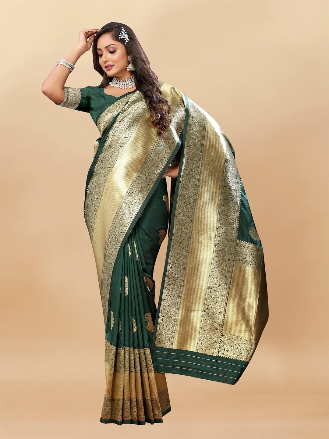 

bansari textiles Ethnic Motifs Woven Design Zari Silk Cotton Banarasi Saree, Green