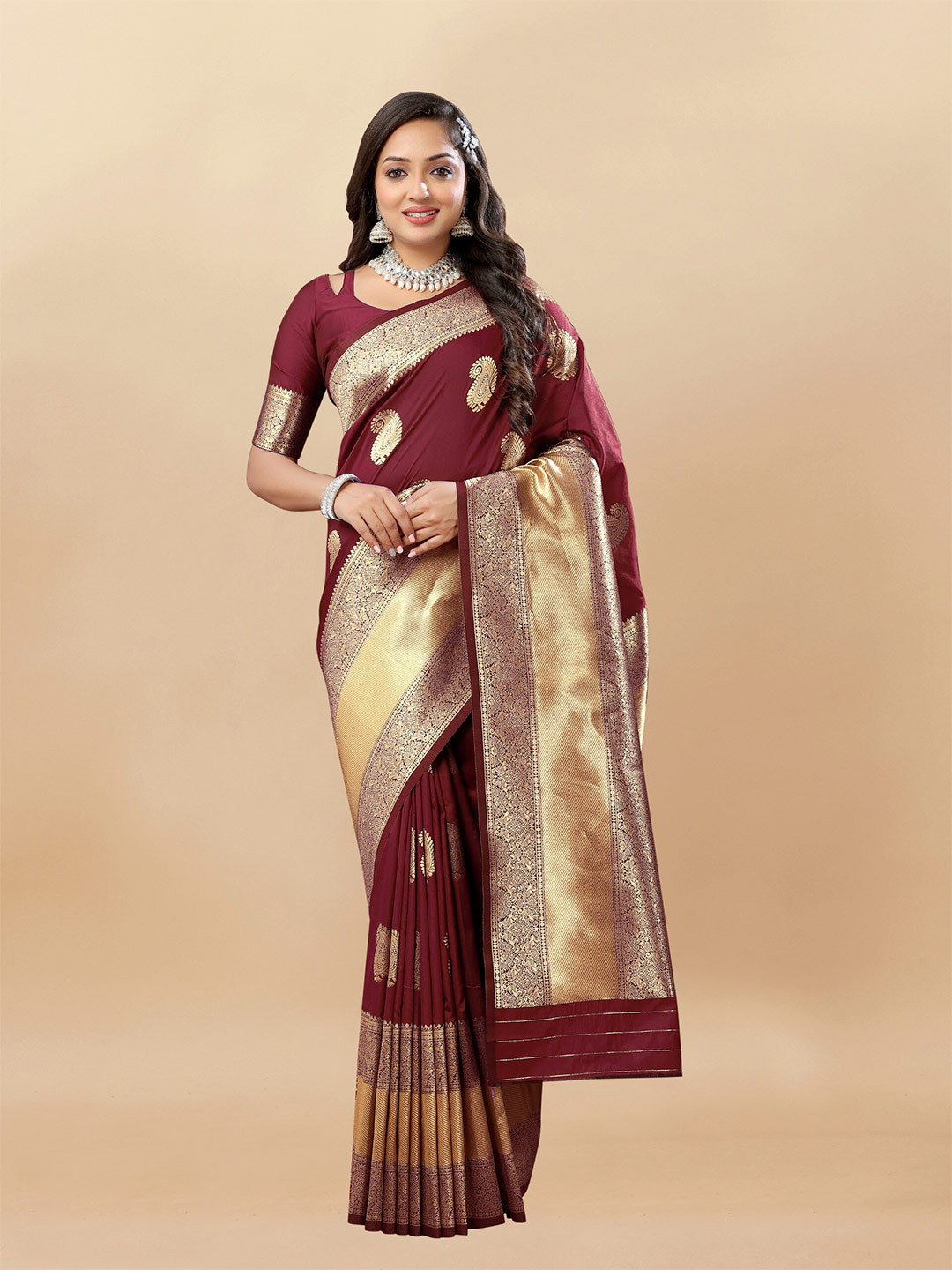 

bansari textiles Ethnic Motifs Zari Woven Design Designer Banarasi Saree, Maroon