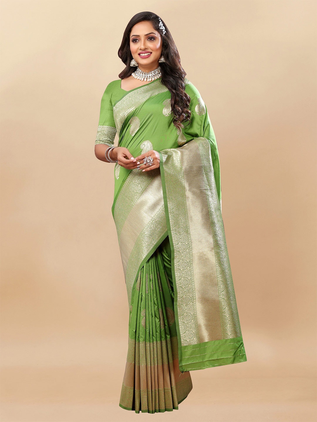 

bansari textiles Ethnic Motifs Woven Design Zari Silk Cotton Banarasi Saree, Fluorescent green