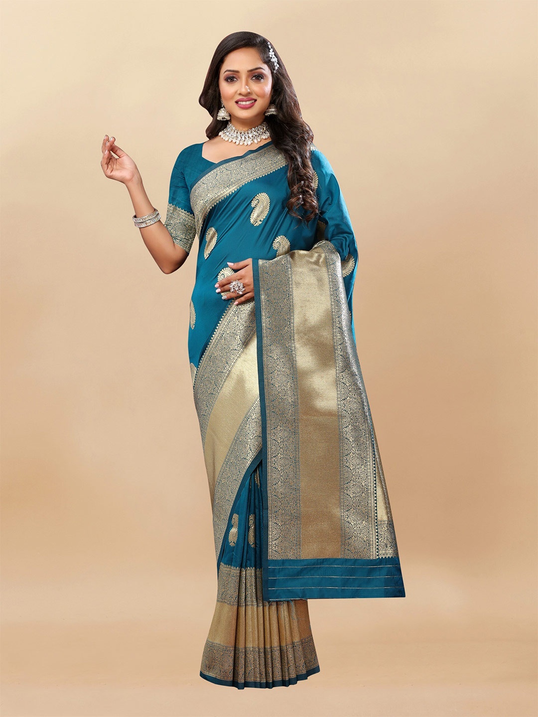 

bansari textiles Ethnic Motifs Woven Design Zari Silk Cotton Banarasi Saree, Turquoise blue