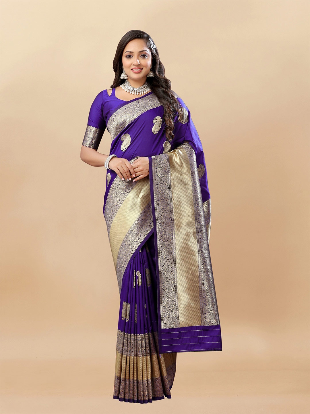 

bansari textiles Ethnic Motifs Woven Design Zari Silk Cotton Banarasi Saree, Purple