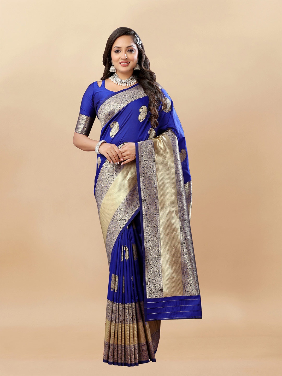 

bansari textiles Ethnic Motifs Woven Design Zari Silk Cotton Banarasi Saree, Blue