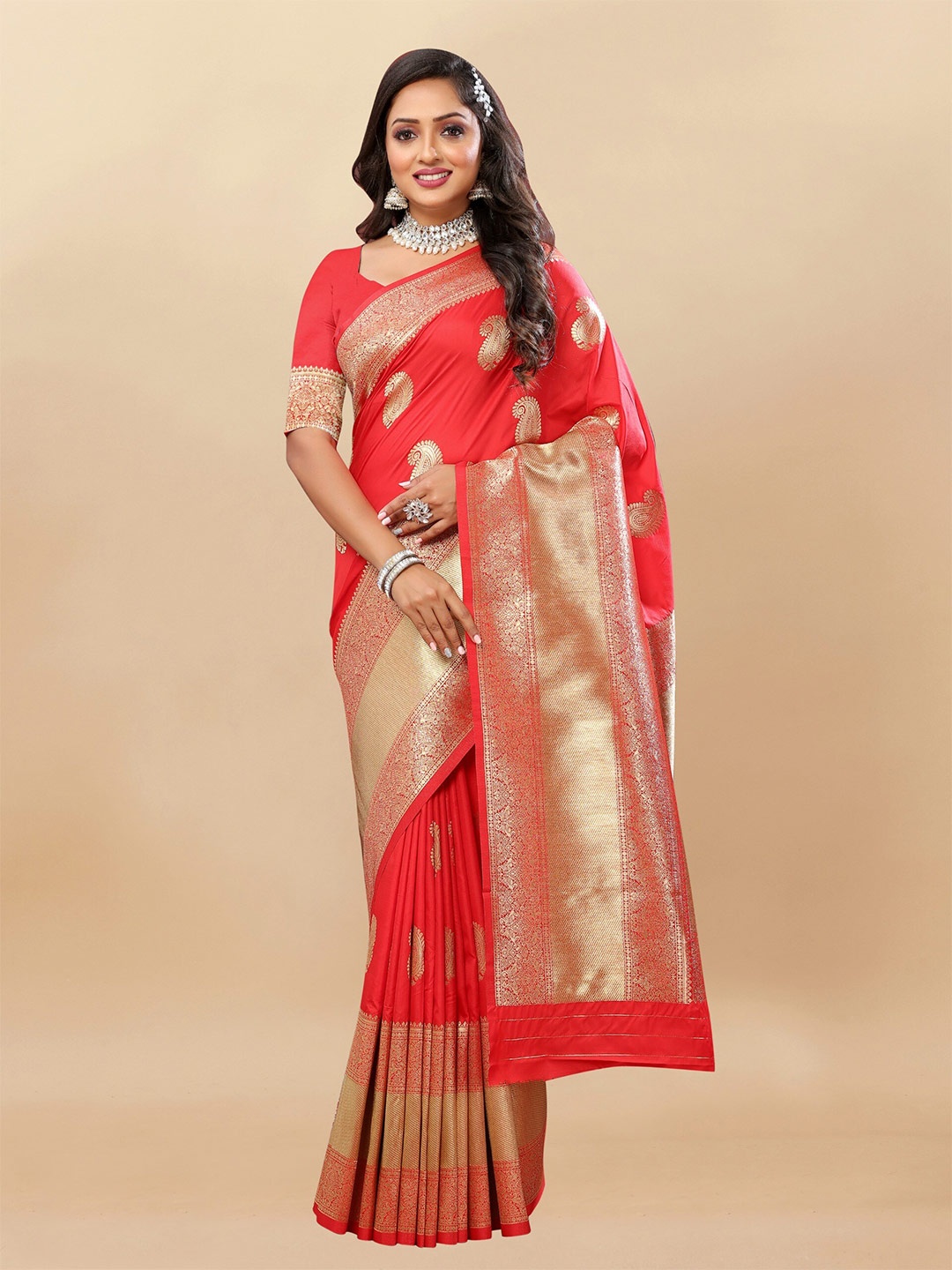 

bansari textiles Ethnic Motifs Woven Design Zari Silk Cotton Banarasi Saree, Red