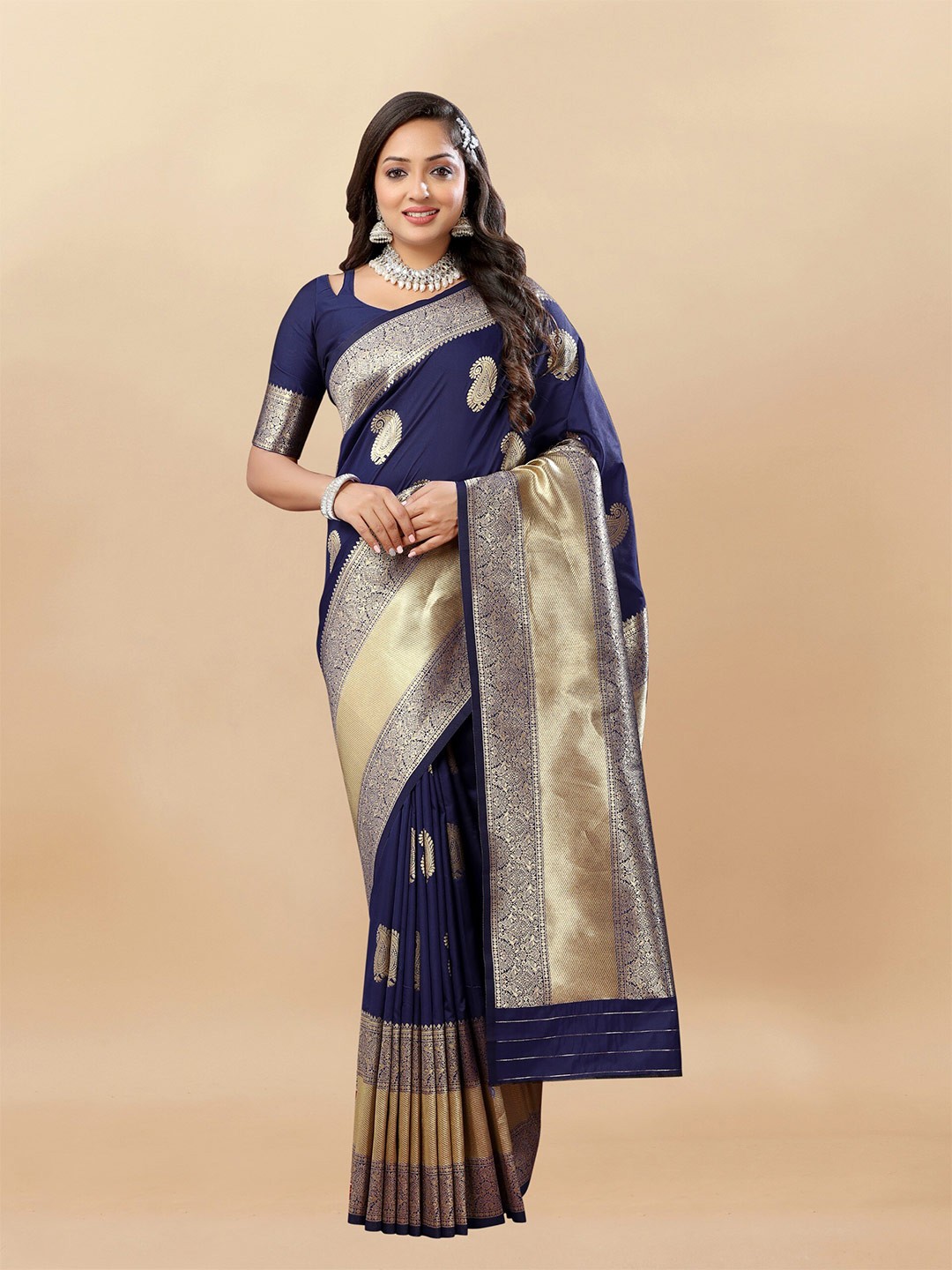 

bansari textiles Ethnic Motifs Woven Design Zari Designer Banarasi Saree, Navy blue