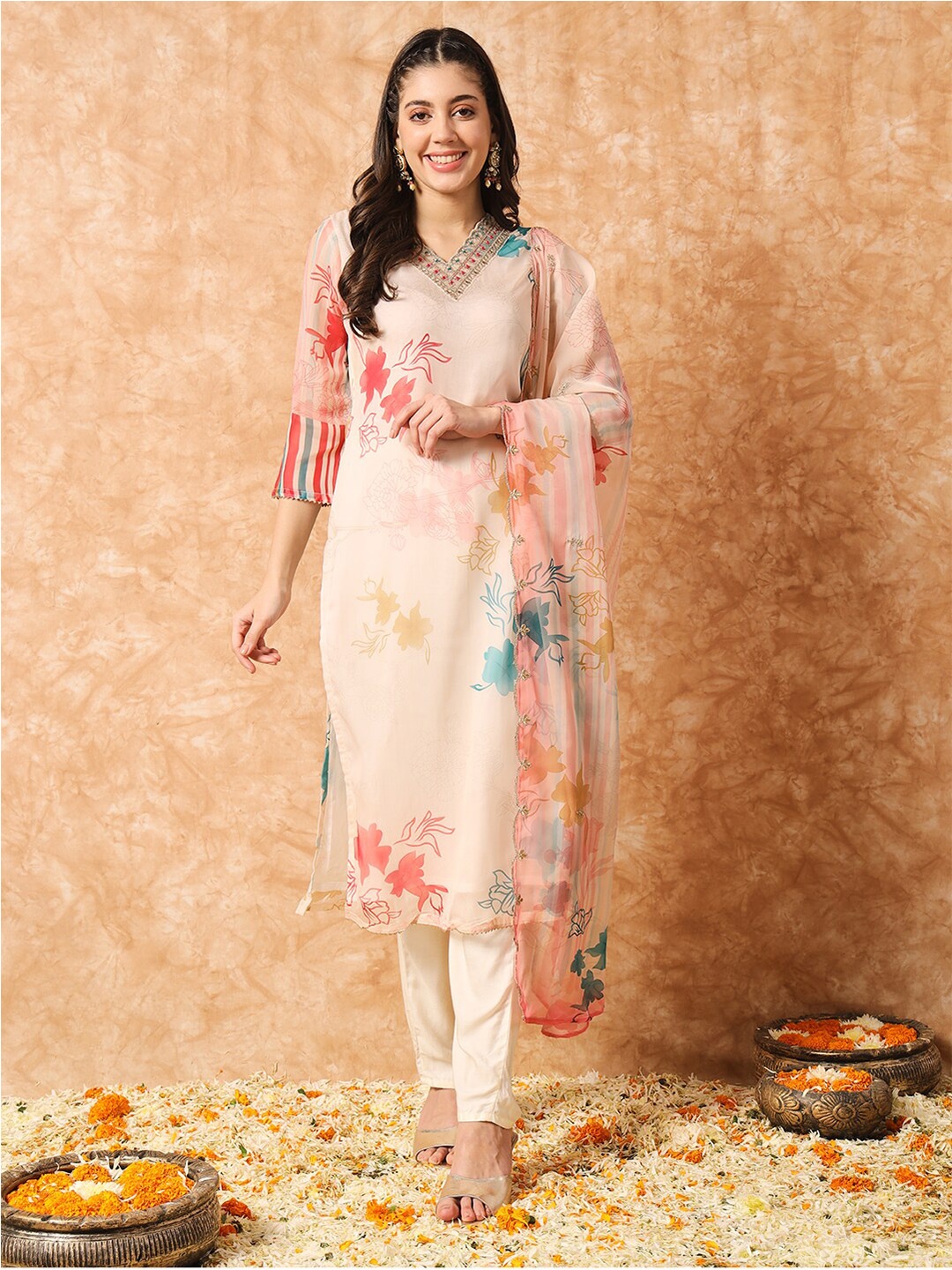 

KALINI Floral Printed V-Neck Straight Kurta With Trousers & Dupatta, Cream