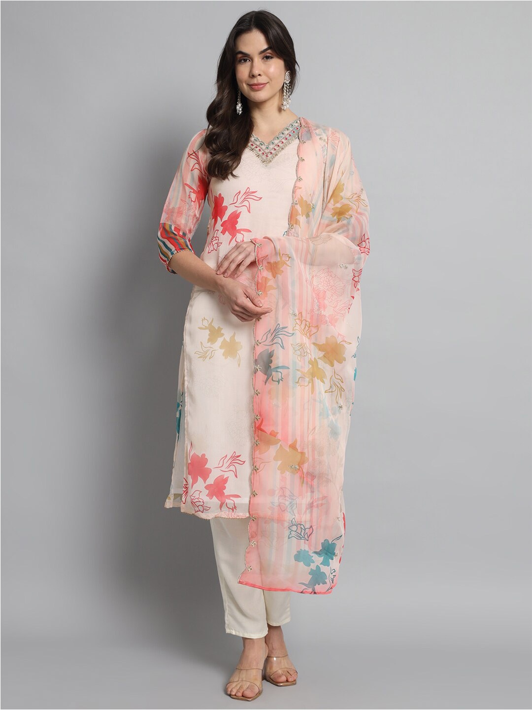 

Navlik Floral Printed V-Neck Straight Kurta With Trousers & Dupatta, Cream