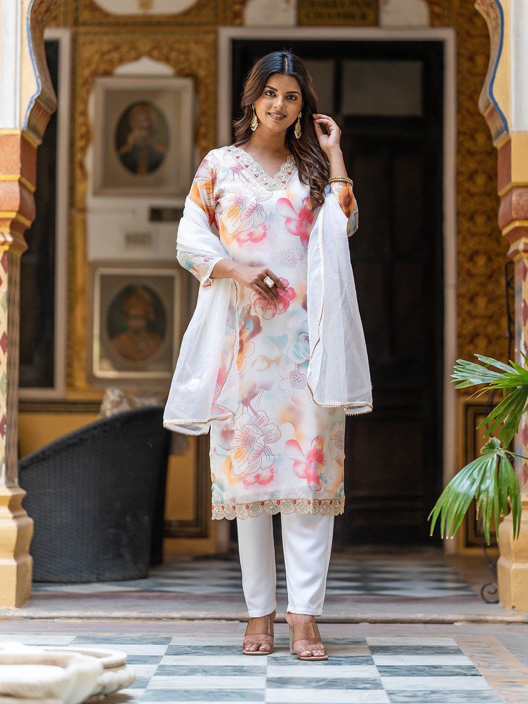 

Navlik Floral Printed Kurta With Trousers & Dupatta, Off white