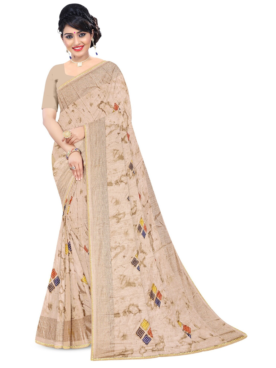 

Reboot Fashions Geometric Printed Maheshwari Saree, Beige