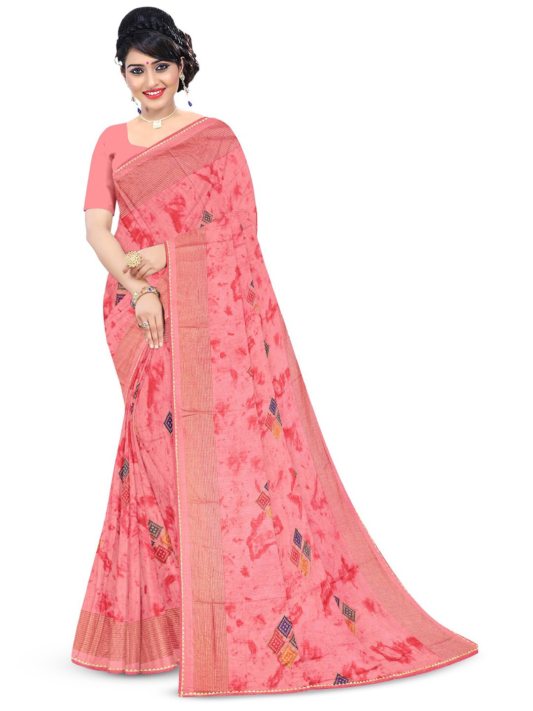 

Reboot Fashions Geometric Printed Embellished Maheshwari Saree, Pink