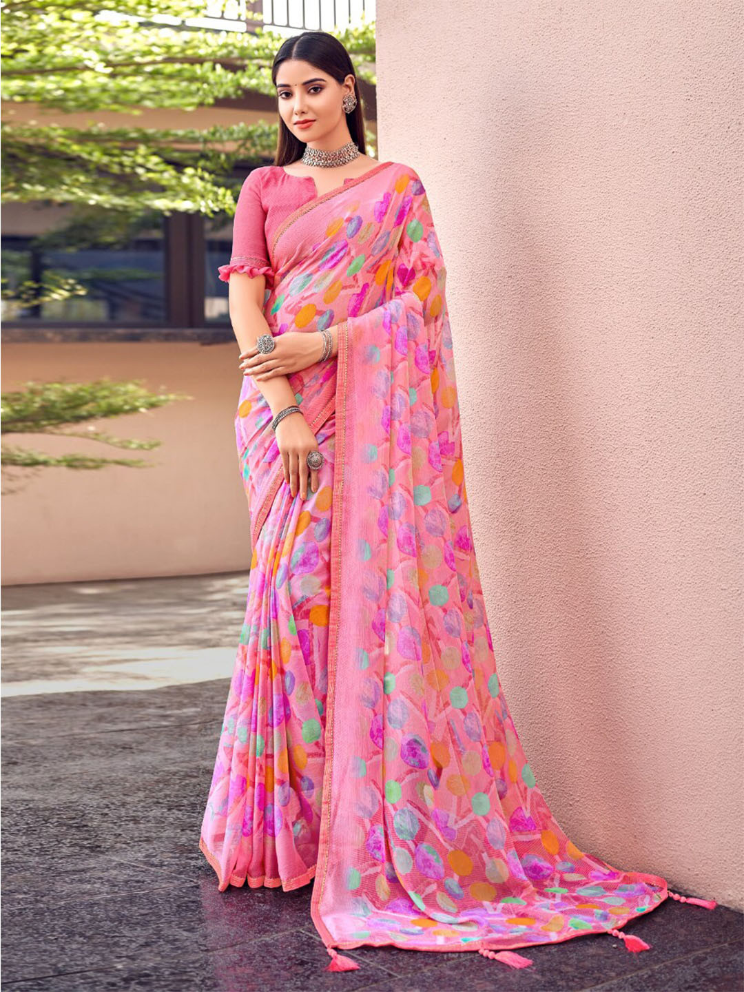 

Reboot Fashions Floral Printed Embellished Maheshwari Pure Chiffon Saree, Pink