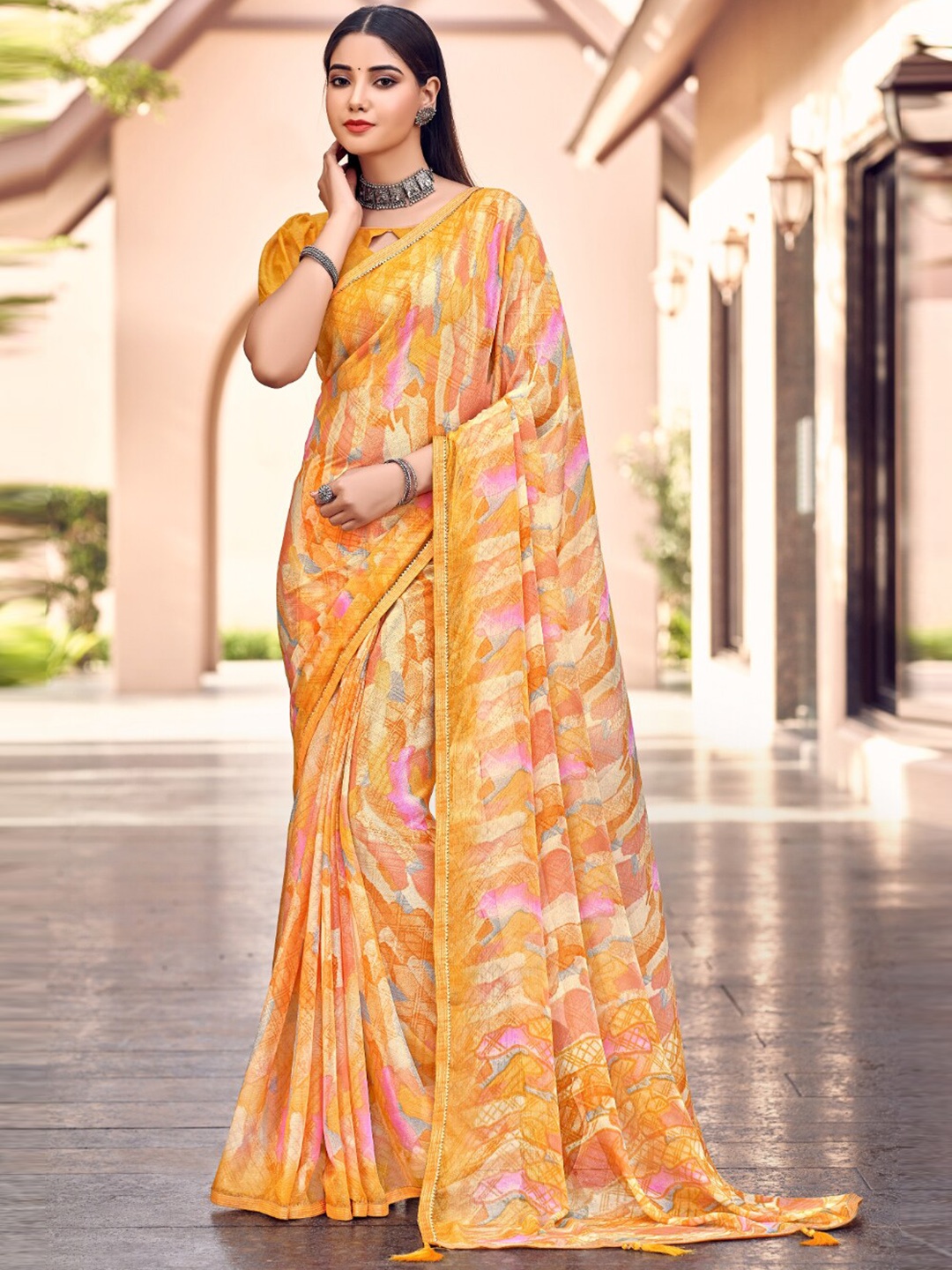 

Reboot Fashions Abstract Printed Embellished Maheshwari Pure Chiffon Saree, Yellow