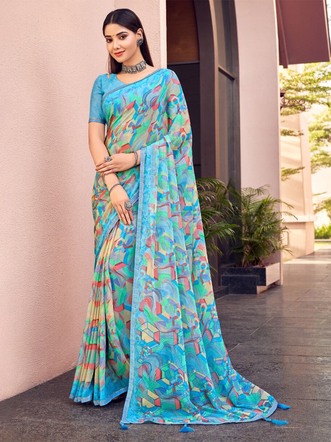 

Reboot Fashions Abstract Printed Embellished Maheshwari Pure Chiffon Saree, Blue