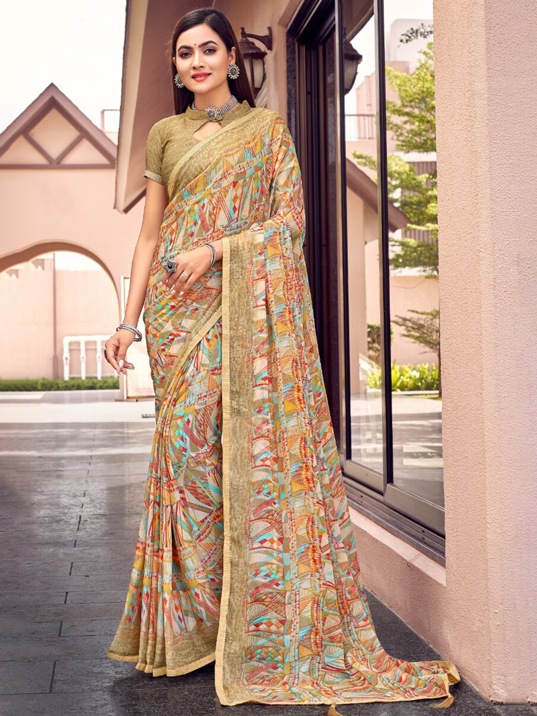 

Reboot Fashions Abstract Printed Embellished Maheshwari Pure Chiffon Saree, Beige