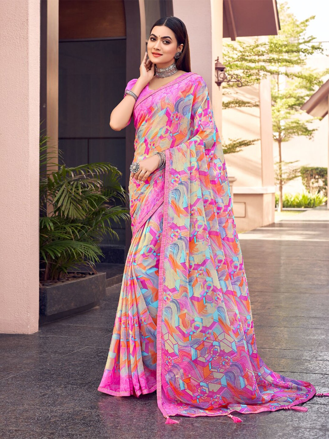 

Reboot Fashions Abstract Printed Embellished Maheshwari Pure Chiffon Saree, Pink