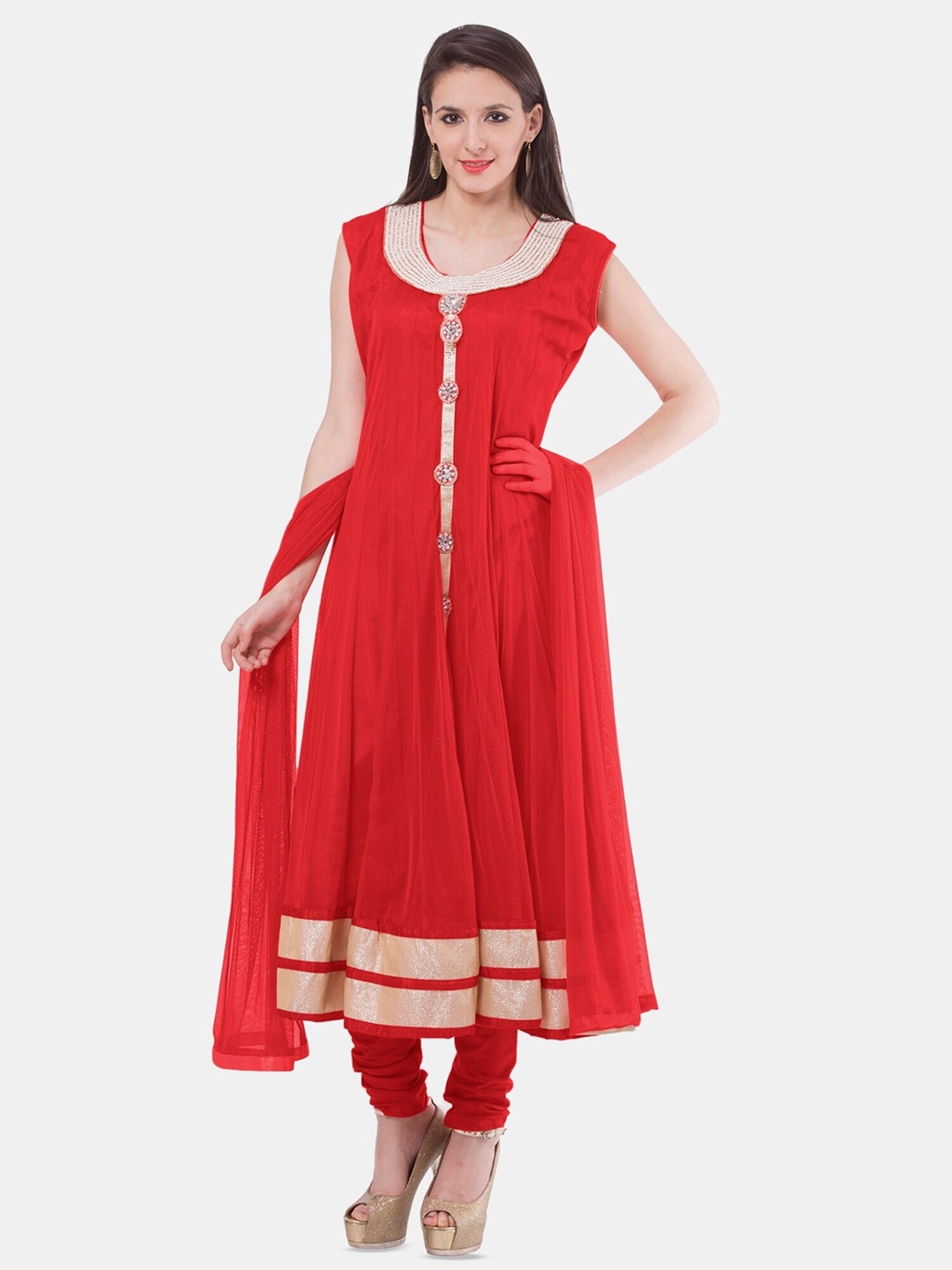 

Fasense Round Neck Anarkali Kurta with Churidar & Dupatta, Red