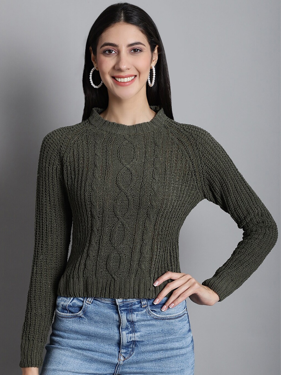 

GRACIT Cable Knit Self Design Woollen Pullover Sweater, Green