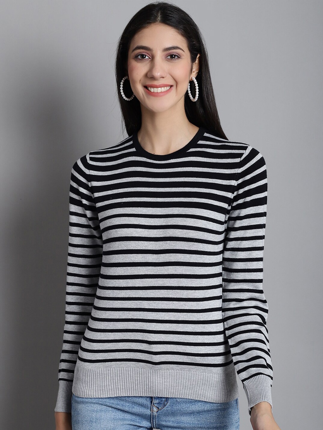 

GRACIT Striped Acrylic Pullover, Black