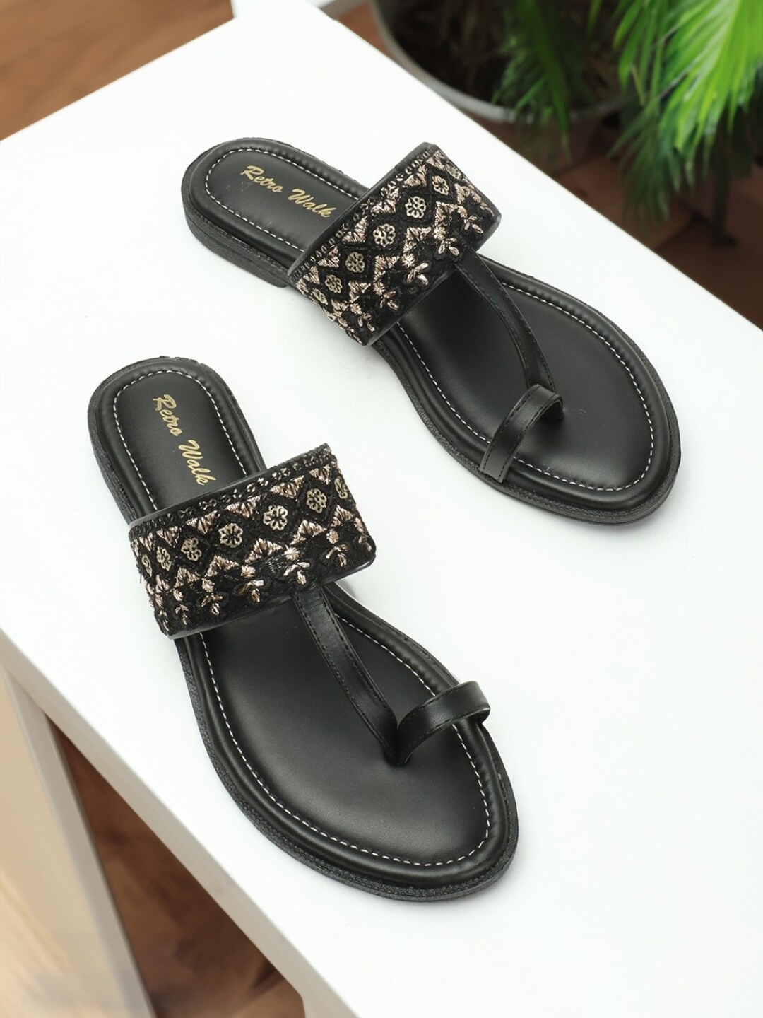 

Retro Walk Embellished One Toe Flats, Black