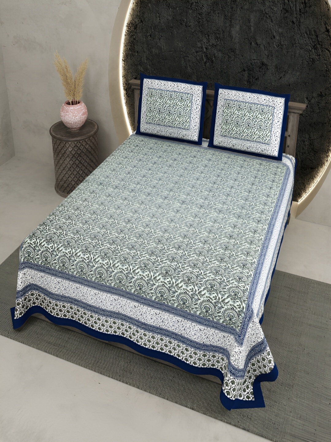 

Qfab Blue Floral Cotton 144 TC King Bedsheet with 2 Pillow Covers