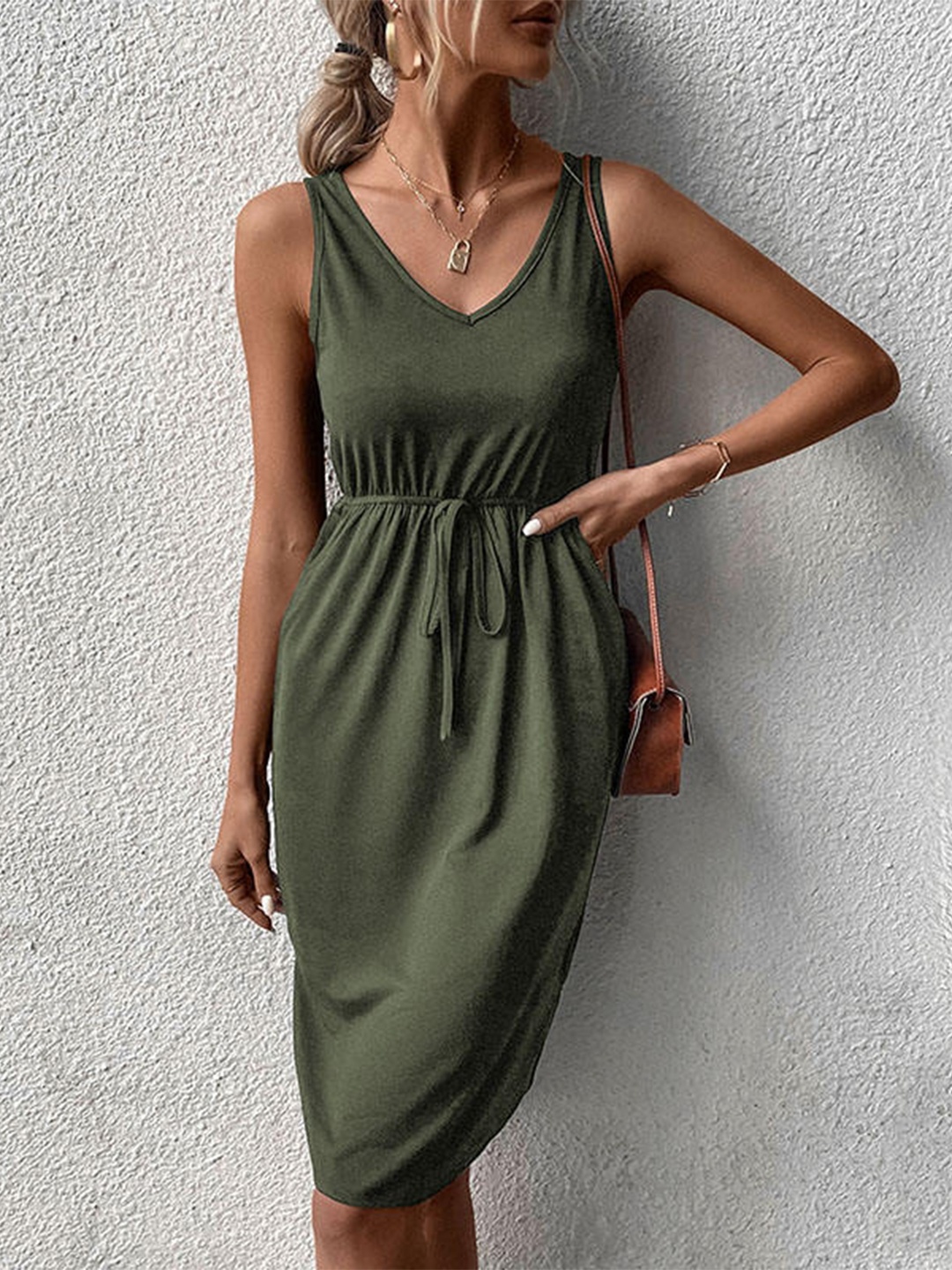 

StyleCast Olive Green A-Line Fit and Flare Straight Midi Dress