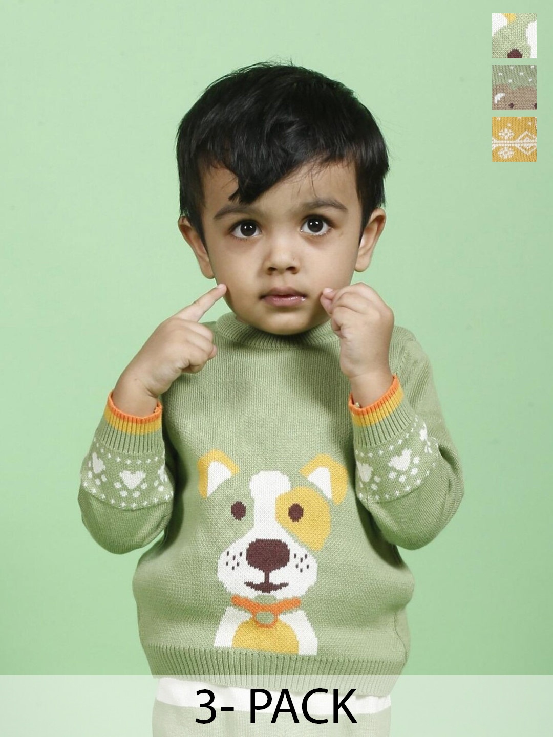 

Greendeer Infant Kids Pack Of 3 Self Design Pure Cotton Sweater & Trousers, Green