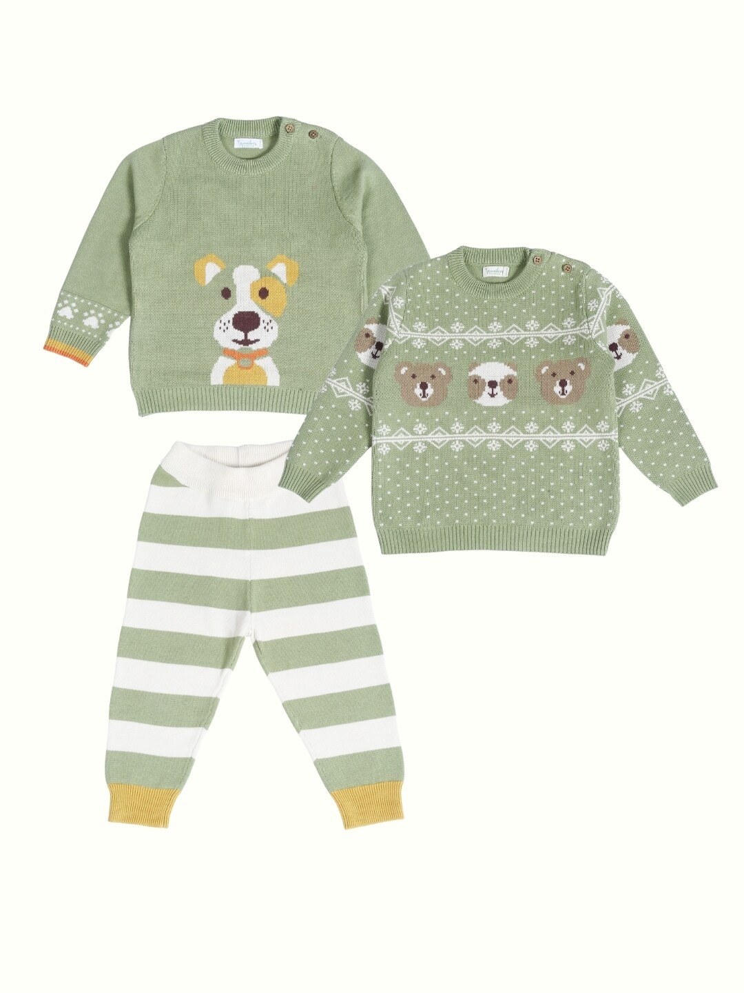 

Greendeer Infants Pack Of 2 Woven Design Pure Cotton Sweater With Trousers, Green