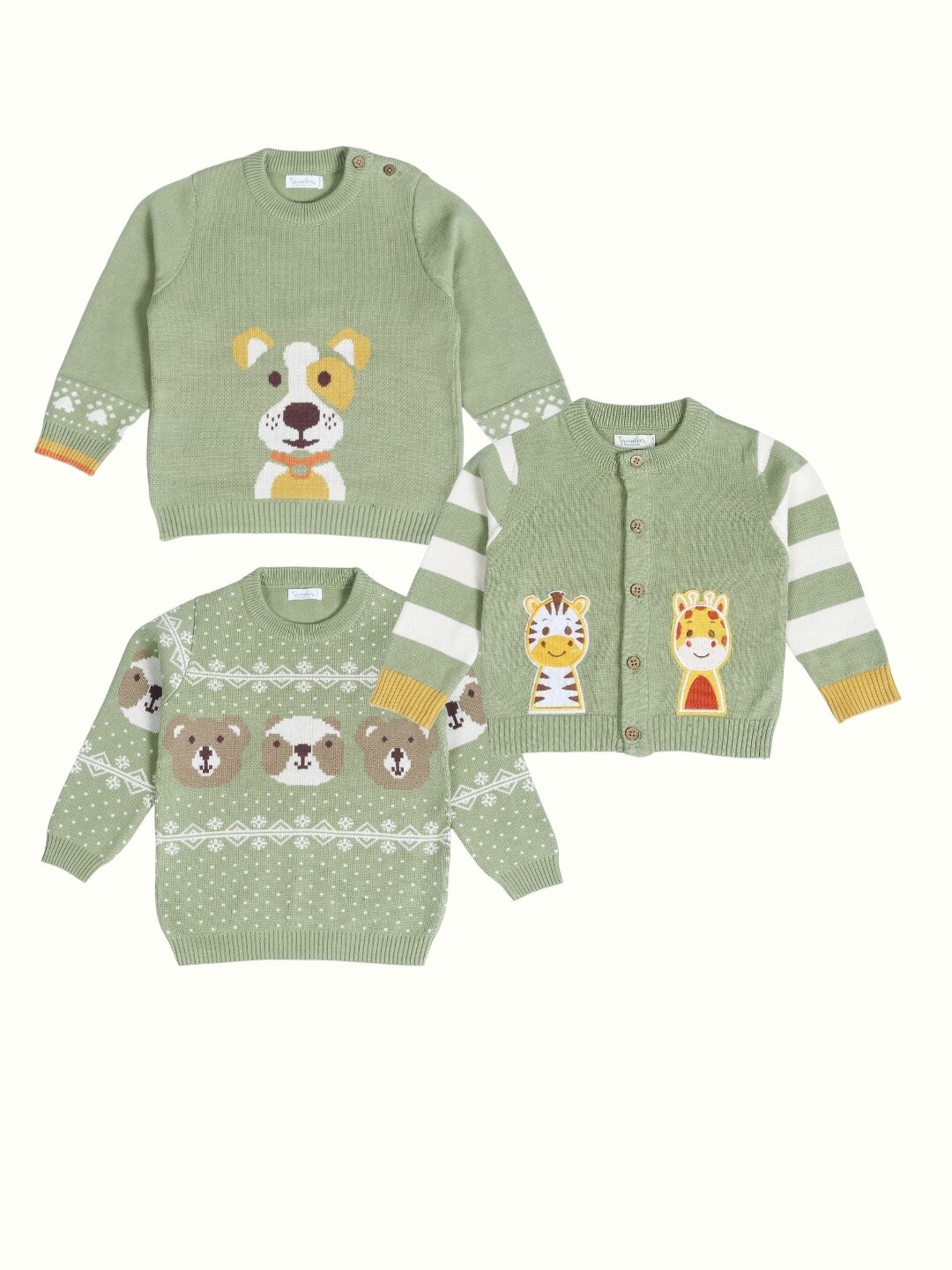 

Greendeer Kids Pack of 3 Graphic Printed Pure Cotton Sweaters, Green