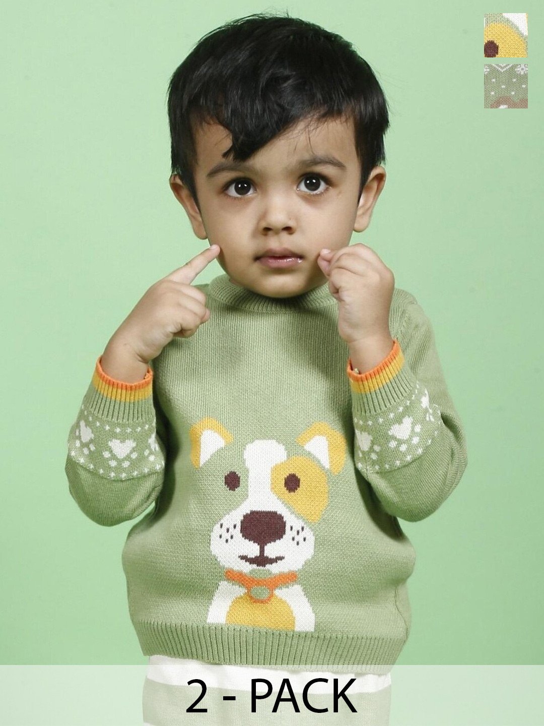 

Greendeer Kids Pack of 2 Graphic Self Design Pure Cotton Pullover, Green