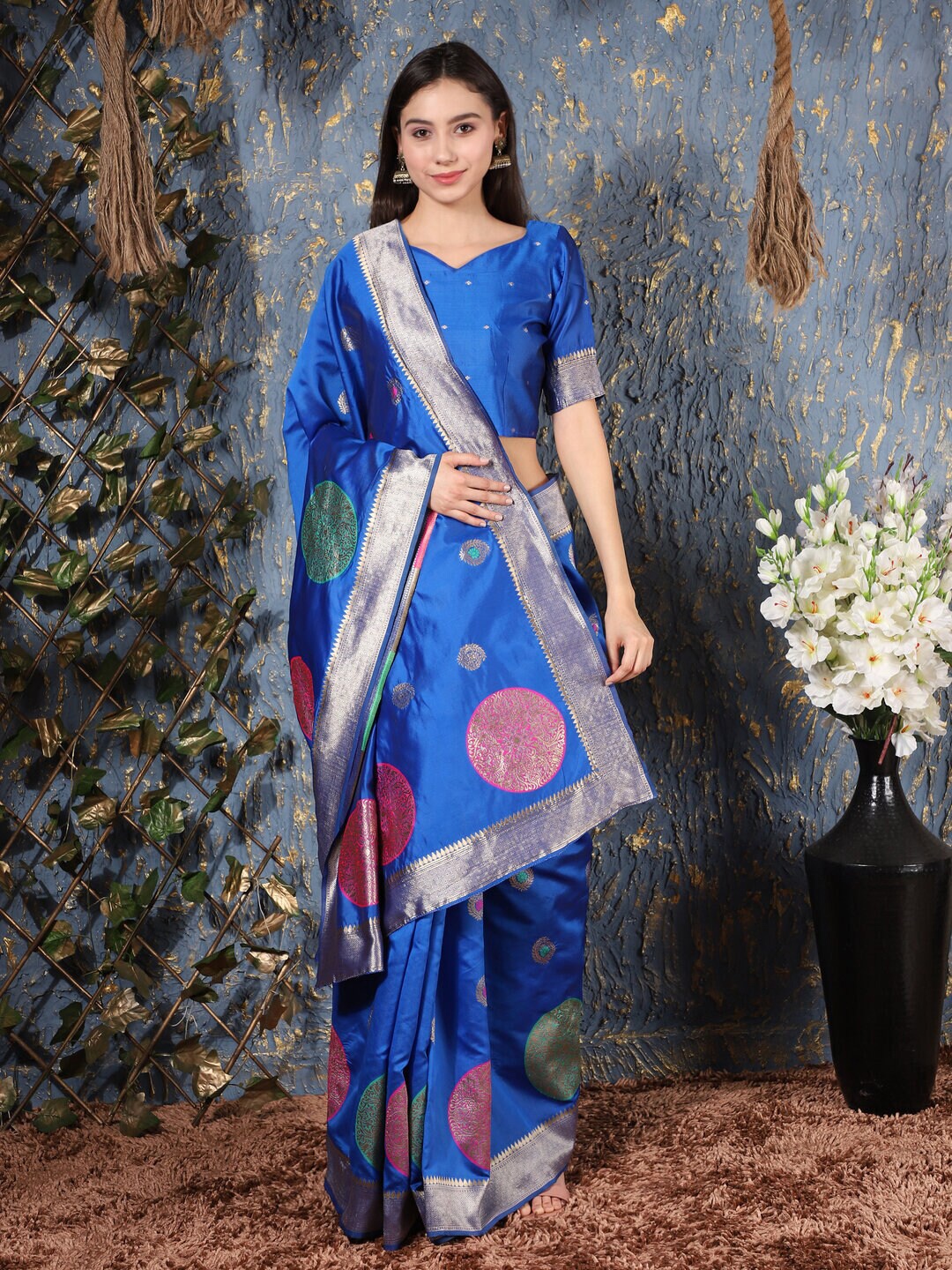 

61&7NX Ethnic Motifs Woven Design Zari Saree, Blue
