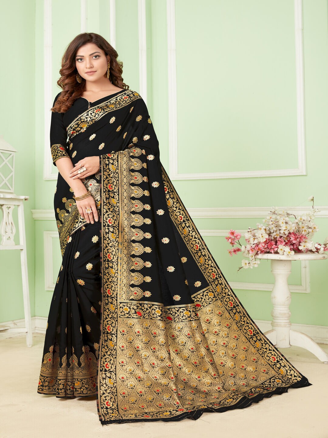 

61&7NX Ethnic Heavy Work Art Silk Saree, Black