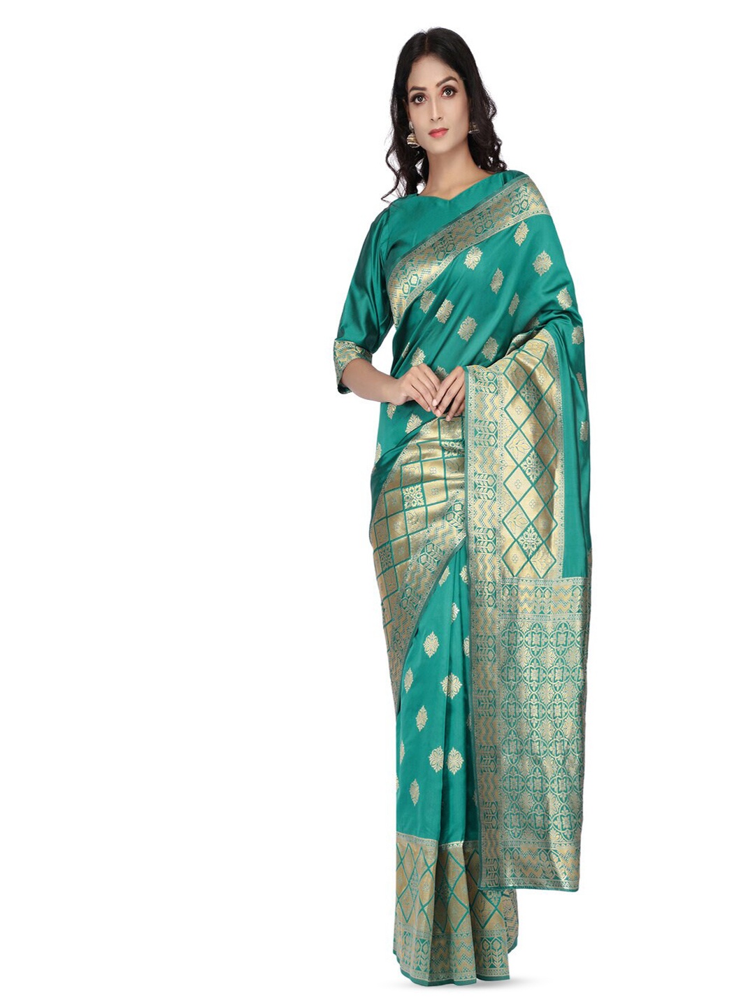 

61&7NX Ethnic Motifs Zari Woven Design Saree, Green