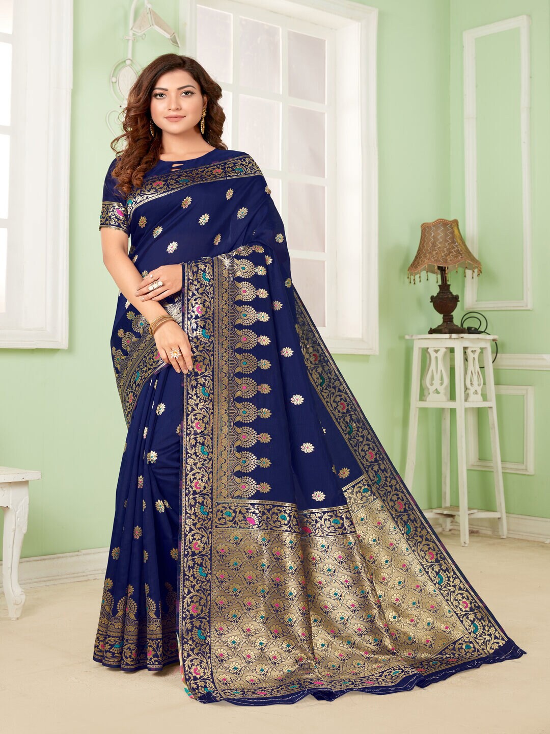 

61&7NX Ethnic Motifs Woven Design Zari Art Silk Saree, Blue