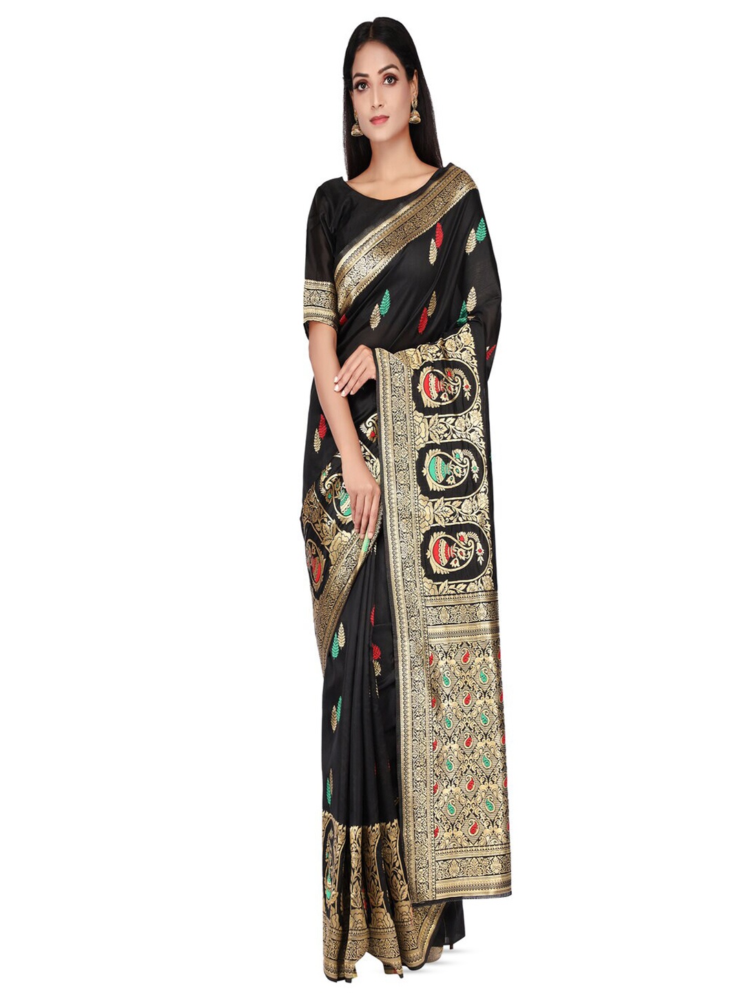 

61&7NX Floral Woven Design Zari Art Silk Saree, Black