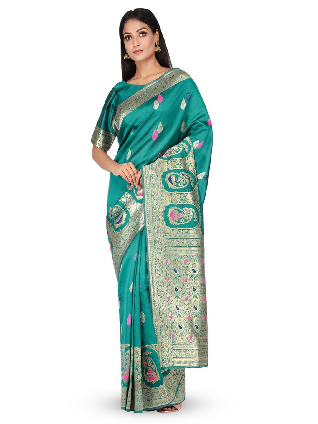 

61&7NX Ethnic Motifs Woven Design Zari Saree, Green