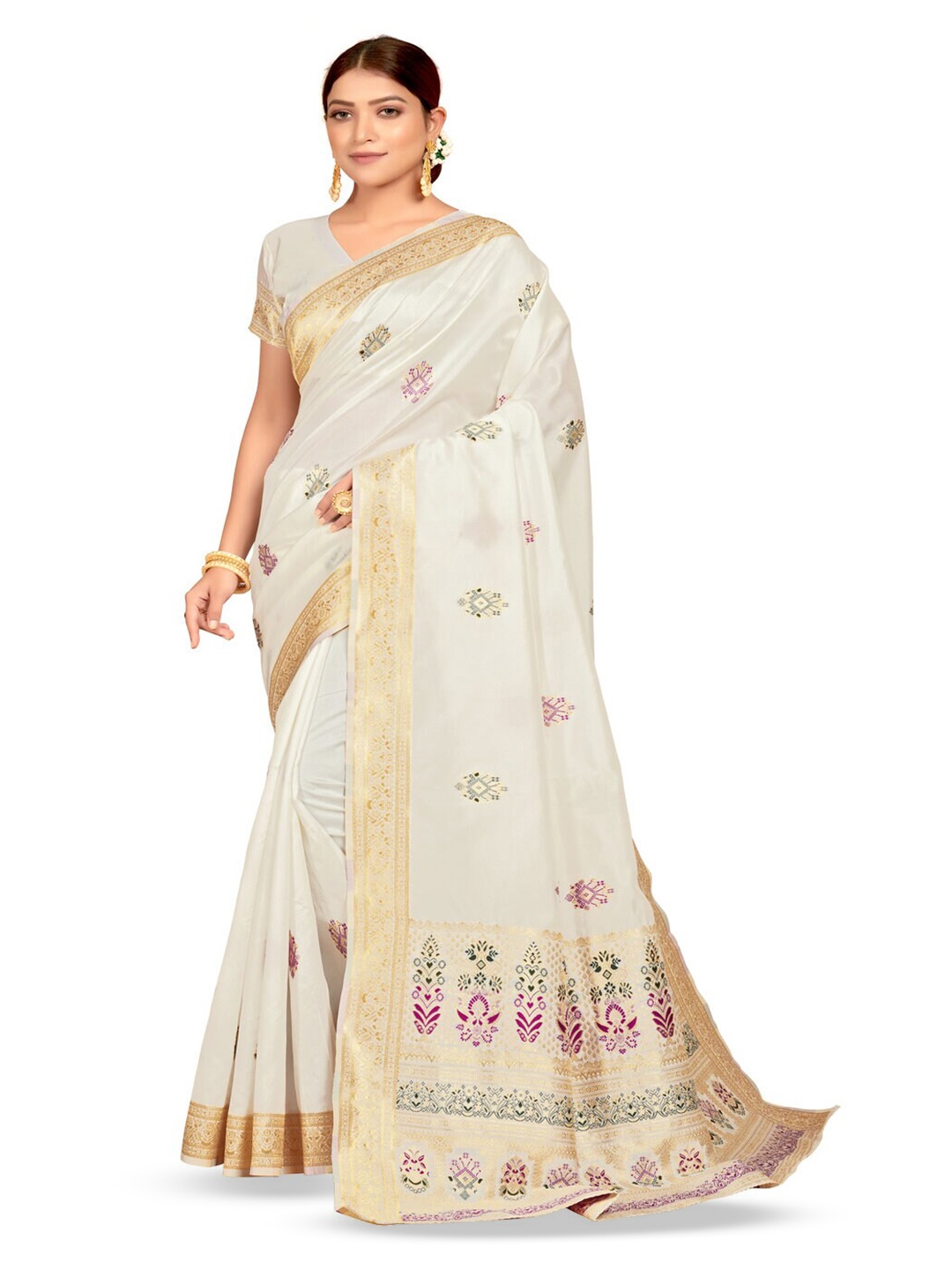 

61&7NX Ethnic Motifs Woven Design Zari Art Silk Saree, White